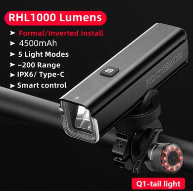 ROCKBROS RHL1000 - 1000LM Bike Light Front & Rear Lamp USB Rechargeable LED 4800mAh Bicycle Light Waterproof