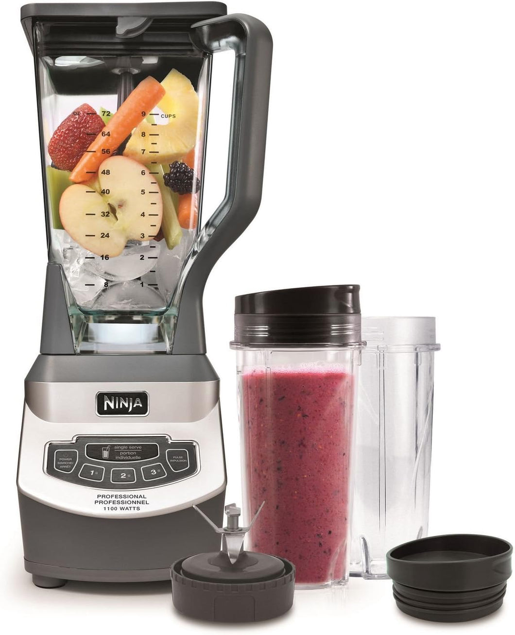 Ninja Kitchen BL660C Professional Countertop Blender With 1100-Watt Base,72Oz Total Crushing Pitcher and(2)16 Oz Cups For Frozen Drinks and Smoothies, Silver/Gray, 7.8 Pounds