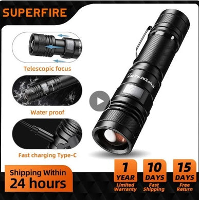 Tactical Flashlight Ultra Bright LED Flashlight Zoom Full Power Waterproof USB Rechargeable