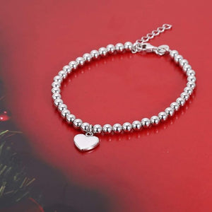 Chic Vanbelle Sterling Silver Jewelry - Rhodium Plated with 925 Stamp - Beaded Chain with Hanging Heart Charm Bracelet - Elegant Handcrafted for Women - 6.5" long + 1" extender