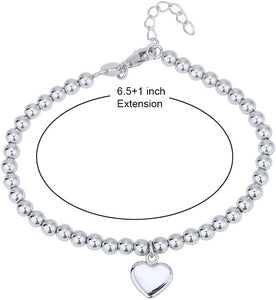 Chic Vanbelle Sterling Silver Jewelry - Rhodium Plated with 925 Stamp - Beaded Chain with Hanging Heart Charm Bracelet - Elegant Handcrafted for Women - 6.5" long + 1" extender